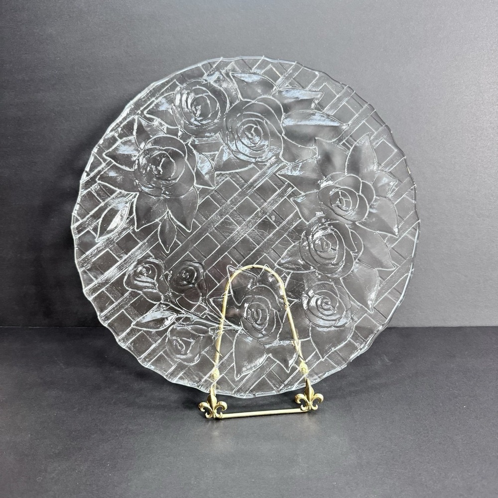 Pasari Glass‎ 14" Charger Serving Platter Crystal Livia Rose Lattice Design - Picture 2 of 5